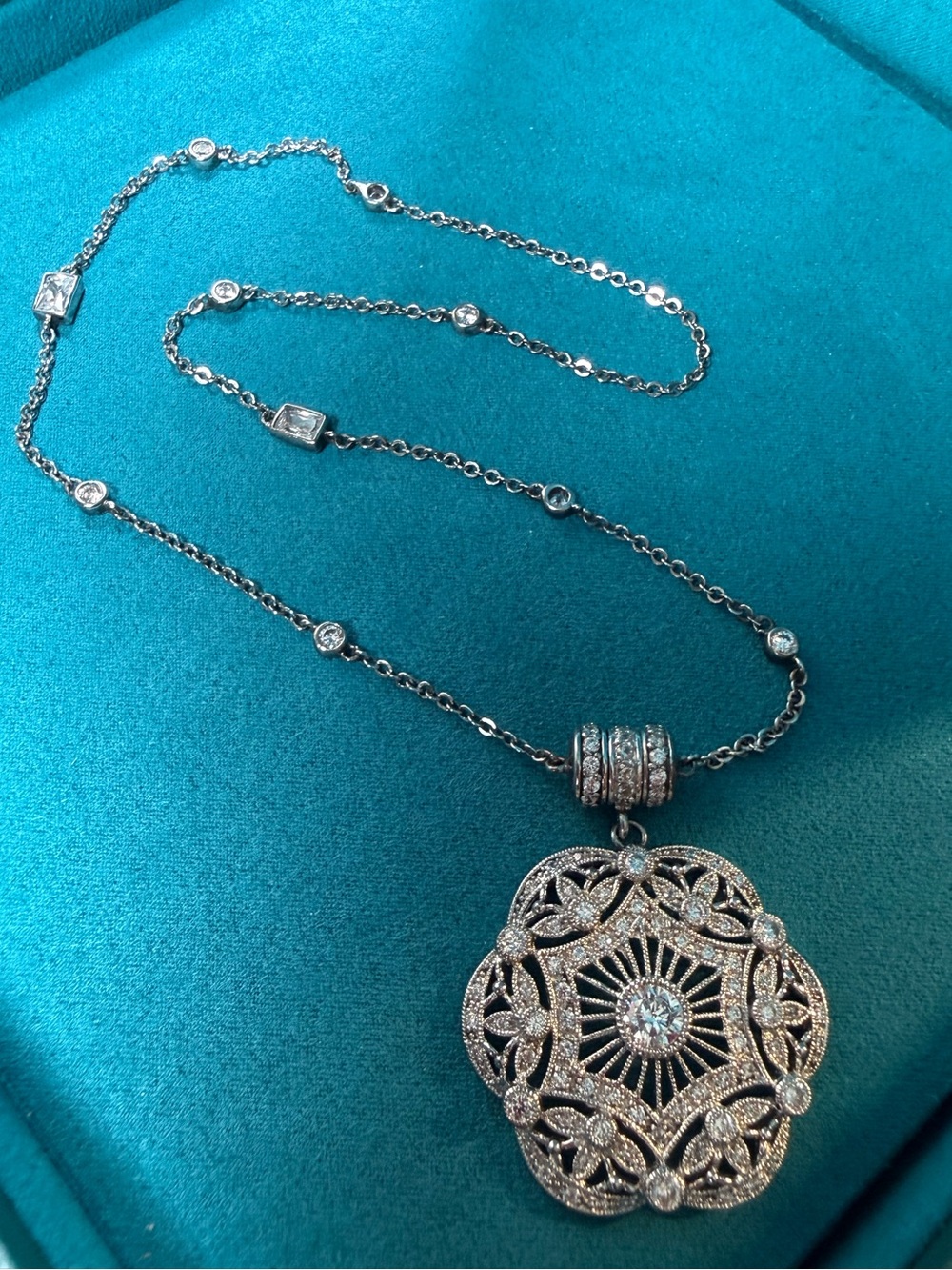 ESPO Sterling Silver CZ Art Deco Openwork Medallion Station Necklace